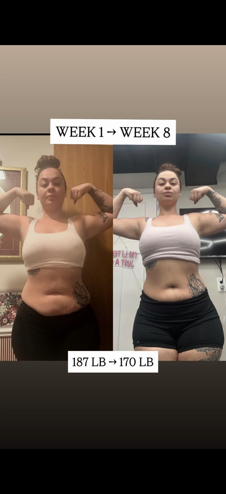 Client progress photos, Week 1 → Week 8