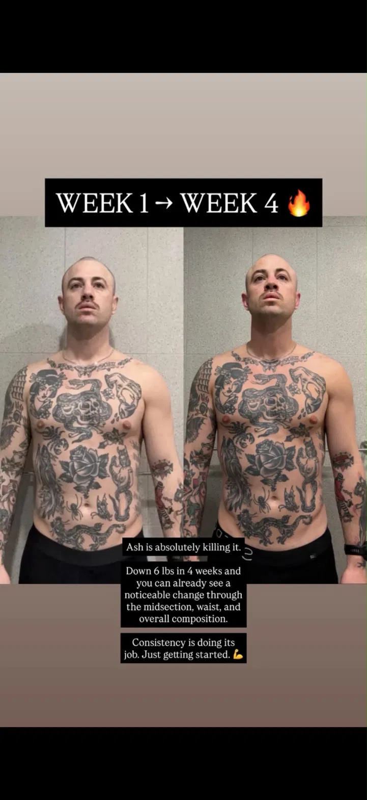 Client progress photos, Week 1 → Week 4