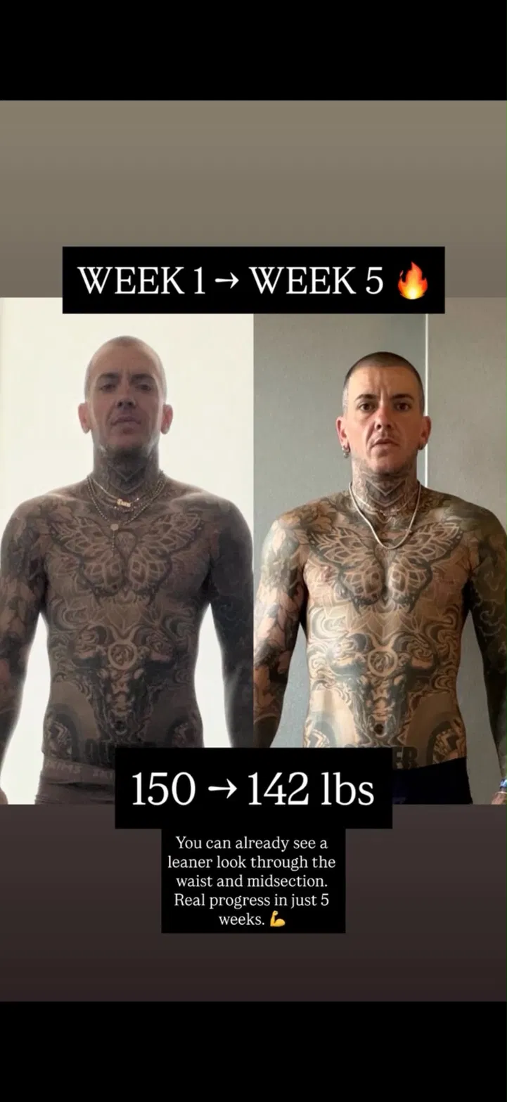 Client progress photos, Week 1 → Week 5